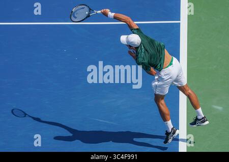18 août 2018 - Mason, Ohio, États-Unis - Novak Djokovic (SRB) participe samedi à la demi-finale de l'Open Western and Southern Open au Lindner Family Tennis Center, Mason, Ohio. (Crédit image : © Scott Stuart via ZUMA Wire) Banque D'Images