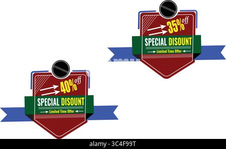 Conception créative d'étiquettes vectorielles de forme de bouclier avec 35% et 40% de réduction sur les rubans de réduction spéciaux Illustration de Vecteur