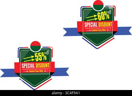 Étiquettes vectorielles de ruban bleu de style moderne avec 55% et 60% de réduction sur les étiquettes promotionnelles d'offre spéciale Illustration de Vecteur