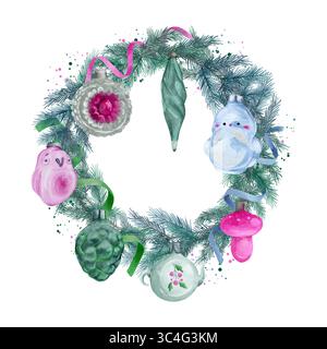 Une couronne du nouvel an faite de branches d'épinette verte, décorée de jouets d'arbre de Noël anciens et d'un serpentin multicolore. Composition d'aquarelle sur un fond blanc. Décor festif pour cartes postales, affiches. Banque D'Images