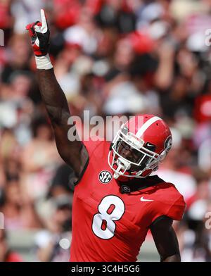 Septembre 1, 2018 - Athens, GA, USA - le receveur du Georgia Wide Riley Ridley célèbre sa réception de touchdown de 10 yards contre Austin Peay au cours du premier quart-temps le samedi 1er septembre 2018, au Sanford Stadium à Athens, en Géorgie La Géorgie a gagné, 45-0. (Crédit image : © Curtis Compton/Atlanta Journal-Constitution/TNS via ZUMA Wire) Banque D'Images