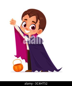 Kid Halloween party, garçon de dessin animé heureux habillé comme un vampire pose avec confiance avec un sourire dentelé, portant une cape violet foncé et tenant un bas de citrouille Illustration de Vecteur