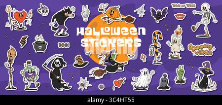 Pack d'autocollants de personnages d'Halloween groovy de dessin animé. Drôle psychédélique de citrouille de vacances d'Halloween, sorcière, fantôme et personnages vectoriels de chauves-souris. Rétro groovy Illustration de Vecteur
