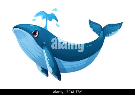 Personnage de baleine de dessin animé avec visage souriant et fontaine d'eau bleue. Sperme marin vecteur isolé ou animal marin de l'océan cachalot, persona aquatique amical Illustration de Vecteur