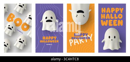 Affiches minimalistes d'Halloween avec de mignons fantômes 3D, une typographie vibrante et un design festif. Parfait pour les invitations de fête, les décorations, et saisonnier Illustration de Vecteur