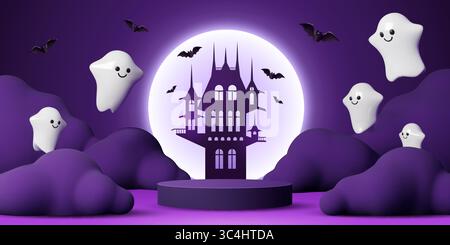 Podium d'Halloween avec fantômes drôles volants et château sombre au ciel violet et fond de vecteur de lune. Mignon Halloween fantômes et chauves-souris personnages 3D. Illustration de Vecteur