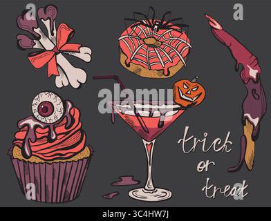 Ensemble vectoriel de gâteries colorées d'Halloween dessinées à la main. Collection d'icônes traditionnelles de bonbons d'Halloween. Motif de lettrage Trick or Treat Illustration de Vecteur