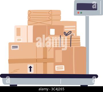 Balance électronique au sol avec boîtes postales en carton. EQUIPEMENT de pesage d'entrepôt. Emballage post-livraison. Mesure du poids d'une cargaison lourde. Colis conta Illustration de Vecteur