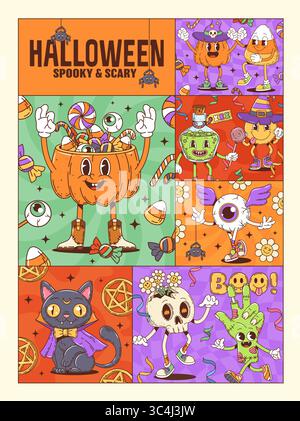 Affiche de collage de personnages groovy d'Halloween avec citrouille de dessin animé mignonne, effrayante et décalée, sorcière, chat noir, globe oculaire, squelette, et zombie main, burstin Illustration de Vecteur