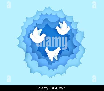 Le papier de colombe de paix et de pigeon coupait les oiseaux dans le fond de vecteur de nuages. Silhouettes d'origami d'oiseaux de colombe blanche volante dans le cadre rond 3d du ciel bleu de nuage Illustration de Vecteur