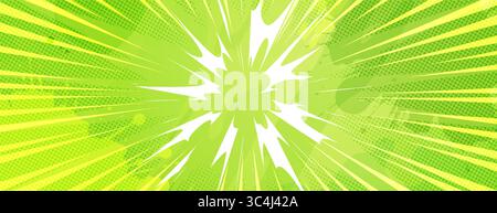 Explosion d'anime rayonnant des faisceaux d'énergie verte brillante vers l'extérieur du centre. Le style comique éclate avec le mouvement dynamique, les rayons nets sur fond demi-ton lumineux pour les scènes de combat manga et l'action de super-héros. Illustration de Vecteur