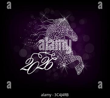 Cheval année 2026 modèle de carte du nouvel an , dessiné à la main. Pas ai, illustration vectorielle Illustration de Vecteur