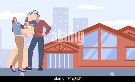Couple emménage dans une nouvelle maison. Famille heureuse avec des boîtes déménageant dans l'appartement. Homme et femme, jeunes amis tenant boîte avec des choses, scène vectorielle Illustration de Vecteur
