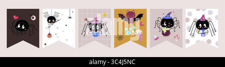 Guirlande de banderole drapeaux d'Halloween. Bannières effrayantes avec des araignées effrayantes. Araignée bizarre avec livre, éléments de sorcière, chauve-souris. Créatures enfantines, vecteur Illustration de Vecteur