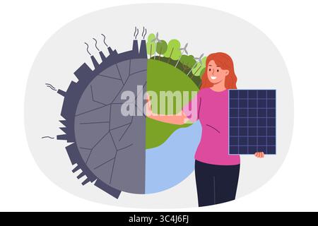 Femme éco activiste avec des panneaux solaires près de la planète, appelant au développement de l'énergie alternative Illustration de Vecteur
