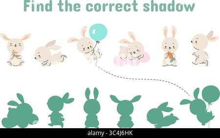 Jeu d'enfants avec des lapins de dessin animé. Connecter le lapin et son ombre correctement. Conception de modèle de jeu éducatif enfantin. Personnages vectoriels de lapin drôles Illustration de Vecteur