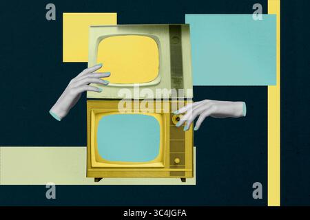 Croquis image illustration tendance collage de mains humaines coup d'œil écran de boîte de télévision fausse nouvelle propagande mégaphone Hammer fix diffusion Banque D'Images