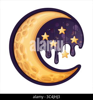Lune avec étoile dans l'illustration de dessin animé vectoriel de cercle. Croissant jaune avec des étoiles brillantes sur le ciel bleu foncé dans un style de coucher rêveur. Idéal pour les livres Illustration de Vecteur