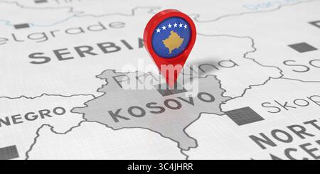 Kosovo, Pristina - épingle de localisation avec drapeau national sur la carte politique - illustration 3D. Banque D'Images