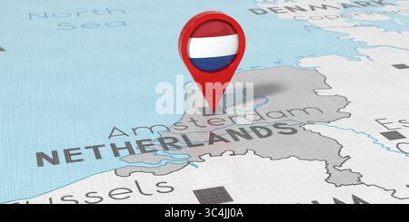 Amsterdam, pays-Bas - épingle de localisation avec drapeau national sur la carte politique - illustration 3D. Banque D'Images