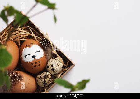 Oeuf de hibou peint à la main dans un nid avec des oeufs de caille. Espace pour votre texte. Banque D'Images