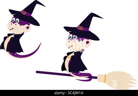 Personnage d'Halloween mignon dessiné à la main dans chapeau de sorcière et manteau volant sur balai et debout isolé ensemble. Illustration vectorielle isolée Halloween voeux carte thématique autocollant icône ad Flyer élément de conception Illustration de Vecteur