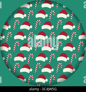 Canne à sucre rayée et chapeaux de Père Noël cercle motif papier coupé effet Noël Noël fond. Illustration vectorielle isolée cartes de vœux du nouvel an ou de Noël affiches de fond, dépliants, étiquette Illustration de Vecteur