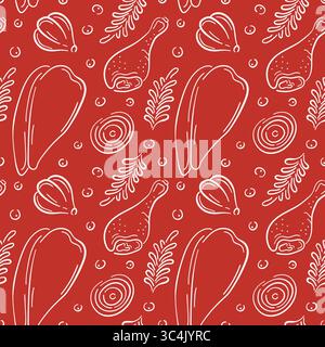 Modèle sans couture avec pilons de poulet, oignon, ail et herbes dans le style art au trait sur fond rouge. Idéal pour l'emballage de livraison culinaire, cuisine Illustration de Vecteur
