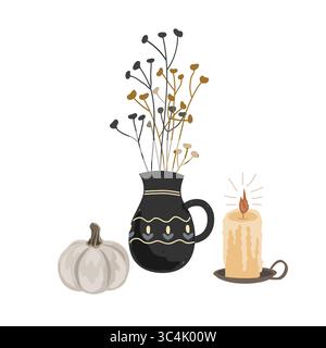 Composition esthétique d'automne avec citrouille, bougie et bouquet de plantes séchées dans une cruche en céramique. Illustration d'automne vectorielle. Illustration de Vecteur