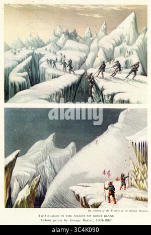 Gravure victorienne couleur de deux des étapes de l'ascension du Mont Blanc, à partir d'un ensemble de 4 estampes des étapes de l'ascension du Mont Blanc. Voici des alpinistes à côté du mur de la Côte (ci-dessus) et sauvant un grimpeur tombé de l'abîme à côté du glacier du Tacconnay (ci-dessous). Ces illustrations sont du célèbre imprimeur victorien, George Baxter, vers 1853, Angleterre, Royaume-Uni Banque D'Images