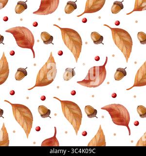 Motif sans couture avec des feuilles d'automne, des glands et des baies de rowan, peint dans un style aquarelle délicat, parfait pour les conceptions saisonnières Banque D'Images