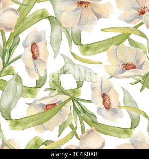 Anémones de jardin sauvages blanches douces et tiges de verdure douce peintes à la main. Motif sans couture floral aquarelle en vert blanc. Bouquet de fleurs de pivoines Banque D'Images
