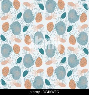 Modèle sans couture avec des feuilles dessinées à la main et des formes organiques abstraites. Illustration de Vecteur