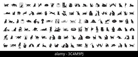 Silhouettes noires de divers chats et activités isolées sur fond blanc. concept d'animaux de compagnie, chatons ludiques domestiques, icônes d'animaux, élément de design Illustration de Vecteur
