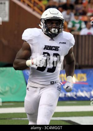 8 septembre 2018 - Rice Owls Running back Emmanuel Esukpa #33 célèbre sa longue course de touchdown lors d'un match entre les Rainbow Warriors d'Hawaï et les Rice Owls au stade Aloha à Honolulu, HI - Michael Sullivan/CSM(Credit image : &copy ; Michael Sullivan/CSM via ZUMA Wire) Banque D'Images