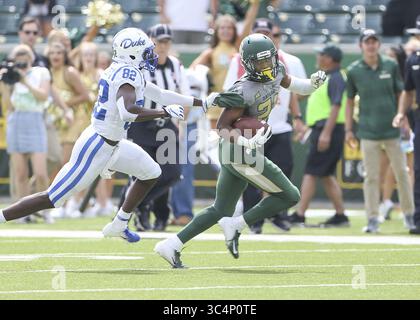 15 septembre 2018 - Waco, États-Unis - Josh Fleeks (21 ans), receveur des Bears Wide de Baylor, porte le ballon lors d'un match de football de la NCAA entre Baylor et Duke le samedi 15 septembre 2018 à Waco Texas. (Crédit image : © Scott Coleman/ZUMA Wire) Banque D'Images