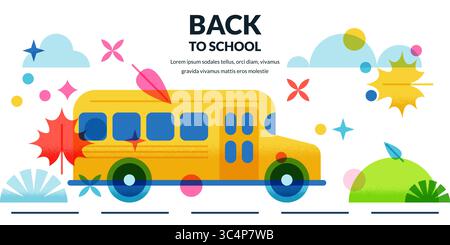 Retour à l'école bannière colorée, conception d'affiche. Illustration plate géométrique vectorielle de bus scolaire jaune. Saison scolaire ou transport étudiant Creative co Illustration de Vecteur