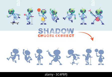 Ombre correcte. jeu intelligent pour les enfants choix ombre de personnages extraterrestres Illustration de Vecteur