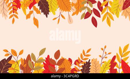 Modèle horizontal d'automne avec cadre de feuille. Les feuilles rouges, jaunes et oranges créent un cadre avec un espace de copie. Bannière saisonnière de feuillage d'automne, graphique vectoriel Illustration de Vecteur