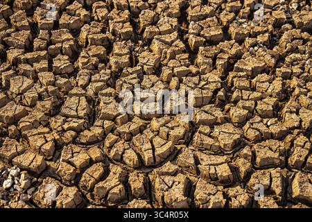Vue aérienne de la terre desséchée révélant une mosaïque d'argile fissurée, cuite par le soleil implacable, témoignage frappant de l'emprise de la sécheresse, Marsabit, comté de Marsabit, Kenya. Banque D'Images
