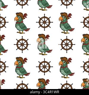 Modèle vectoriel sans couture avec perroquets pirates joyeux dans des chapeaux de tricorne, des roues de navire et des ancres, créant un design nautique ludique parfait pour te Illustration de Vecteur