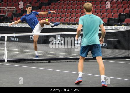20 septembre 2018 - Chicago, Illinois, États-Unis - les membres de l'équipe Europe s'amusent avant l'événement de tennis laver Cup 2018 à Chicago. (Crédit image : © Christopher Levy/ZUMA Wire) Banque D'Images