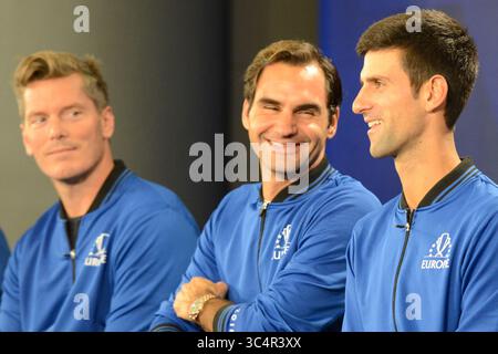 20 septembre 2018 - Chicago, Illinois, États-Unis - les membres de l'équipe Eurpoe s'entretiennent avec les médias avant le début de l'événement de tennis laver Cup 2018 à Chicago. (Crédit image : © Christopher Levy/ZUMA Wire) Banque D'Images