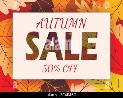 Bannière sur le thème des soldes d'automne. Fond coloré de feuillage avec éclaboussure de texte. Modèle horizontal de mise en page, dépliant, dépliant, livret, poste, graphique vectoriel Illustration de Vecteur