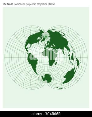 Carte du monde. Projection polyconique américaine. Style Uni. Carte du monde très détaillée pour les infographies, l'éducation, les rapports, les présentations. Illustration vectorielle. Illustration de Vecteur