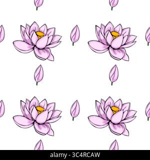 Ce motif vectoriel sans couture présente un arrangement délicat de fleurs et de bourgeons de lotus rose pâle, créant un design floral serein et élégant parfait Illustration de Vecteur
