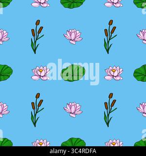 Serene Vector Seamless Pattern : Nymphéas d'eau rose pastel, Reeds et Lily Pads sur un fond bleu clair, idéal pour les conceptions d'été. Illustration de Vecteur