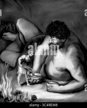 Illustration et reproduction conceptuelle numérique de l'ancienne gravure de 1886 : 'Ulysses versant Out Wine into the Giant's Bowl'. Banque D'Images