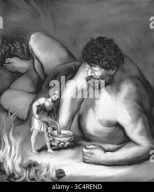 Illustration et reproduction conceptuelle numérique de l'ancienne gravure de 1886 : 'Ulysses versant Out Wine into the Giant's Bowl'. Banque D'Images