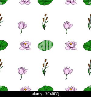 Élégant motif vectoriel sans couture avec de délicates fleurs de lotus roses, des coussinets de nénuphars verts vibrants et des queues marron, créant un paysage aquatique serein Illustration de Vecteur